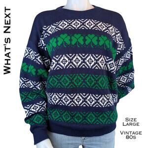 VTG Whats Next Sweater Large Navy Green Shamrock Fair Isle 80s St Patricks Irish